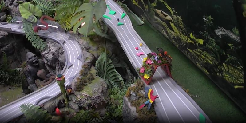 An image of The Jungle Adventure track at Marble Magic is inspired by the Amazon forest